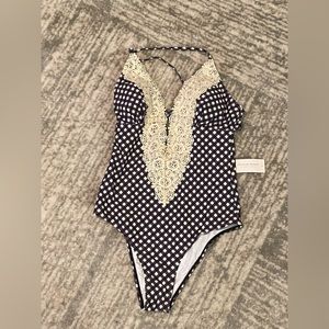 Black and White Checkered Swimsuit W/ Creme Lace Inset